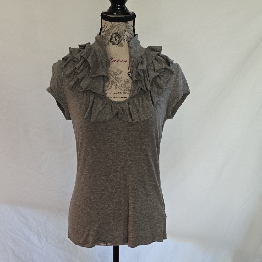 Boston Proper Gray Ruffle Neck Blouse